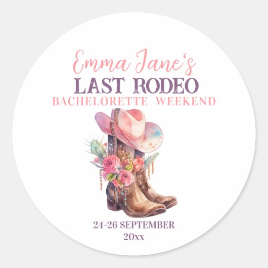 Sticker Rond Cowgirl Last Rodeo Rose Bachelorette (Devant)