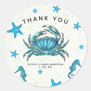 Sticker Rond Crabe Bleu Moderne Étoile de Mer Hippocampe Cadeau