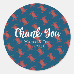 Sticker Rond Crabe Broil Boil Rouge Bleu Motif Mariage Merci
