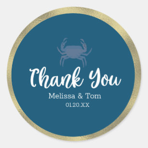Sticker Rond Crabe Grill Bouillir Bleu Faux Feuille Mariage Mer