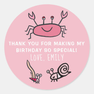 Sticker Rond Crabe rose Fille d'animaux de la mer Anniversaire 