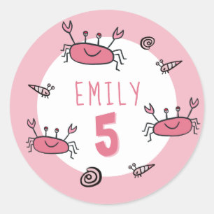 Sticker Rond Crabe rose mignon Animaux de mer Fille Anniversair