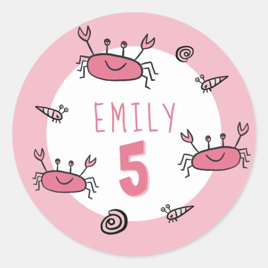 Sticker Rond Crabe rose mignon Animaux de mer Fille Anniversair (Devant)