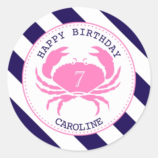 Sticker Rond Crabe rose Nautique Anniversaire Invitation (Devant)