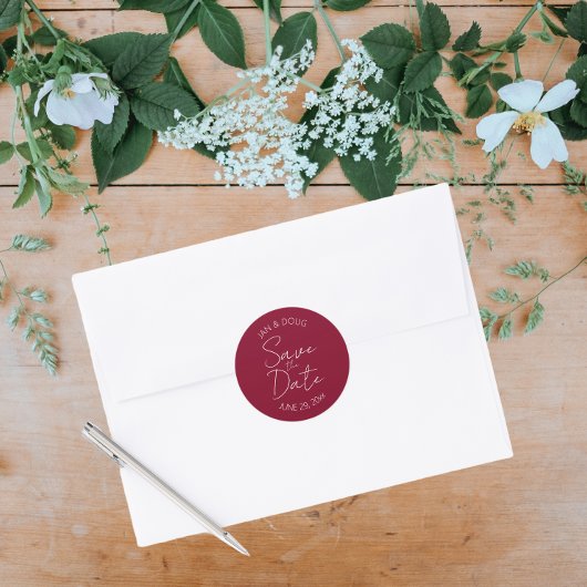 Sticker Rond Cranberry Red Styliszed Wedding Enregistrer la dat