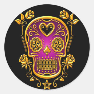 Sticker Rond Crâne à sucre avec Roses, jaune et violet