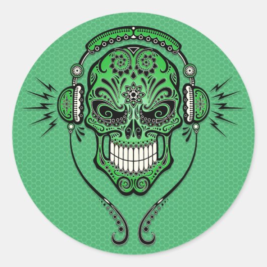 Sticker Rond Crâne à sucre DJ vert (Devant)