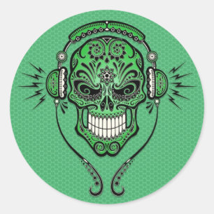 Sticker Rond Crâne à sucre DJ vert