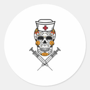 Sticker Rond Crâne à sucre Infirmière mexicaine RN Costume Cool
