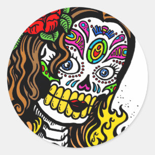 Sticker Rond Crâne à sucre rose rouge Dia De Los Muertos