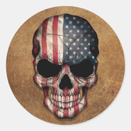 Sticker Rond Crâne âgé et utilisé de drapeau américain (Devant)