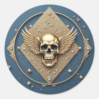 Sticker Rond ☠️ Crâne ailé doré Cadeau gothique pour motards 💎