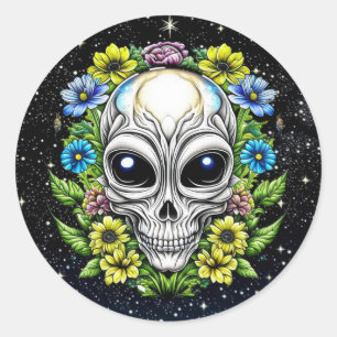 Sticker Rond Crâne Alien floral Extraterrestrial AI Art