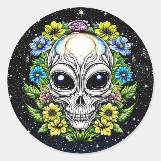 Sticker Rond Crâne Alien floral Extraterrestrial AI Art (Devant)