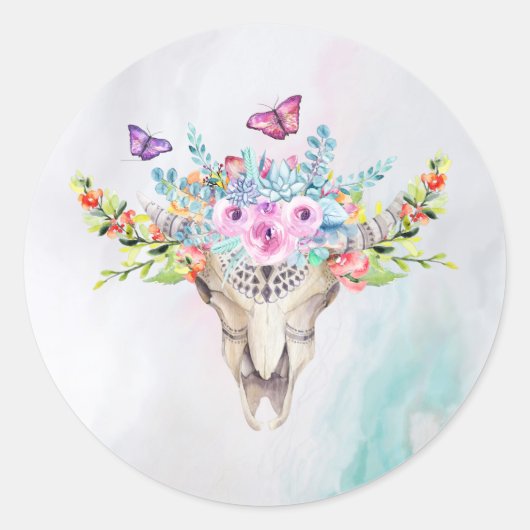 Sticker Rond Crâne animal Boho avec papillons et fleurs (Devant)