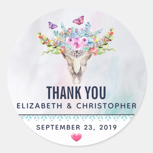 Sticker Rond Crâne animal Boho avec papillons Merci Mariage (Devant)