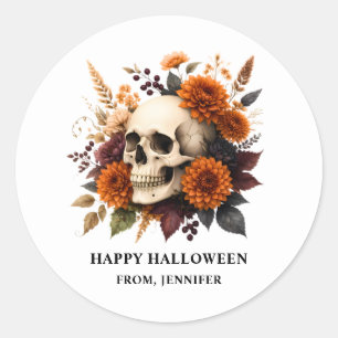 Sticker Rond Crâne avec fleurs d'automne Joyeux Halloween