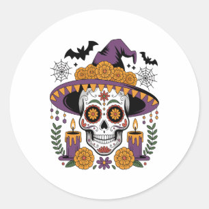 Sticker Rond Crâne avec sorcier Casquette Halloween Vector