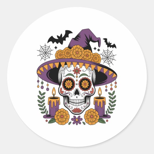 Sticker Rond Crâne avec sorcier Casquette Halloween Vector (Devant)