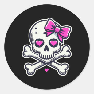 Sticker Rond Crâne avec un noeud rose fille crâne Halloween 