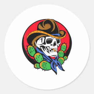 Sticker Rond Crâne Cowboy Occidental Traditionnel Tatouage Arti