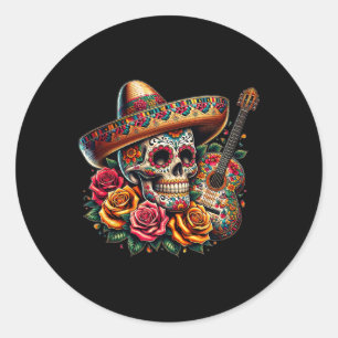 Sticker Rond Crâne de Cinco De Mayo Chapeau Fiesta Crâne Mexica