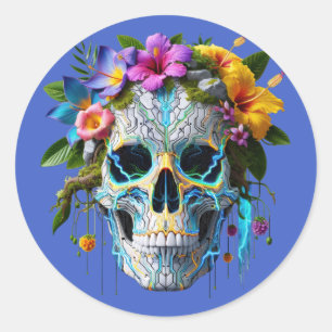 Sticker Rond Crâne de circuit floral