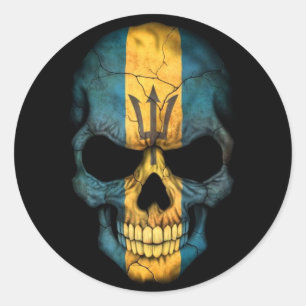 Sticker Rond Crâne de drapeau des Barbade sur le noir