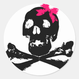Sticker Rond Crâne de fille avec l'arc rose