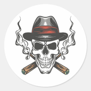 Sticker Rond Crâne de gangster avec chapeau fedora
