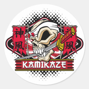 Sticker Rond Crâne de kamikaze avec l'épée japonaise