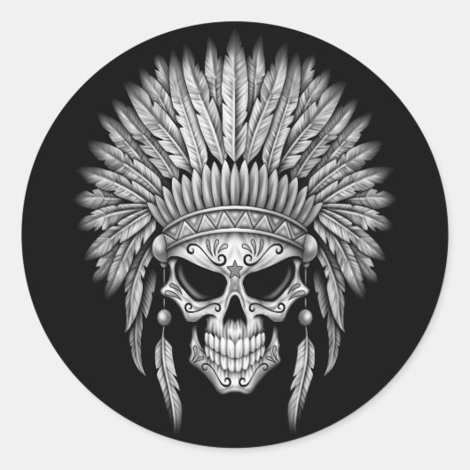 Sticker Rond Crâne de sucre autochtone foncé avec coiffure (Devant)