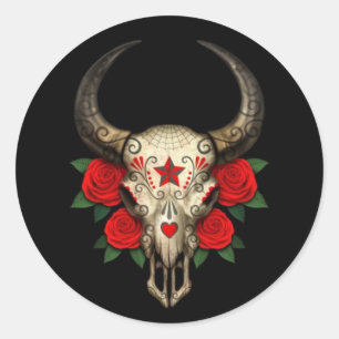 Sticker Rond Crâne de sucre de Taureau avec les roses rouges