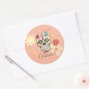Sticker Rond Crâne de sucre doux rose pêche hippie floral