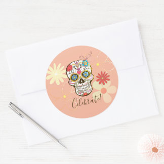 Sticker Rond Crâne de sucre doux rose pêche hippie floral