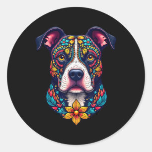 Sticker Rond Crâne de sucre mexicain Pitbull Dia De Muertos Hal