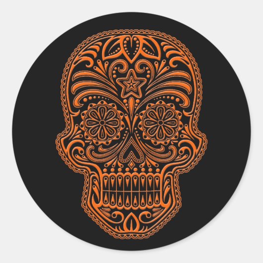 Sticker Rond Crâne de sucre orange complexe sur noir (Devant)