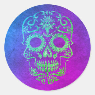 Sticker Rond Crâne de sucre pourpre et vert/Jour de l'autocoll