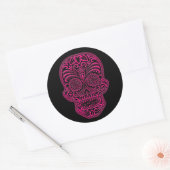 Sticker Rond Crâne de sucre rose complexe sur noir (Enveloppe)