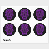 Sticker Rond Crâne de sucre violet complexe sur noir (Feuille)