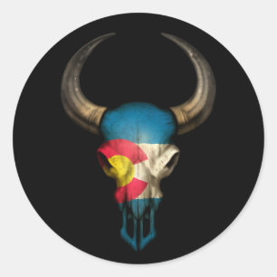 Sticker Rond Crâne de Taureau de drapeau du Colorado sur le