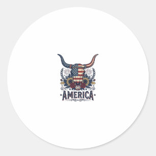 Sticker Rond Crâne de taureau patriotique Amérique vintage 4 ju