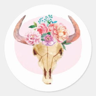 Sticker Rond Crâne de vache bohème rustique aquarelle florale r