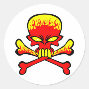 Sticker Rond crâne et os croisés enflammés