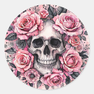 Sticker Rond Crâne et roses roses roses gothiques
