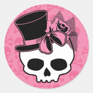 Sticker Rond Crâne Girly avec le casquette et l'arc rose