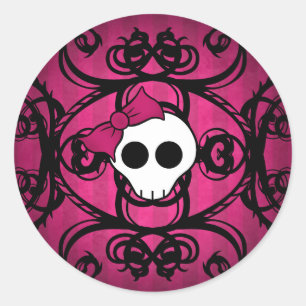 Sticker Rond Crâne gothique mignon sur le fuschia et le noir