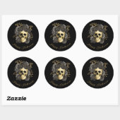 Sticker Rond Crâne gothique Roses noires et or Halloween (Feuille)