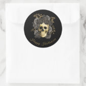 Sticker Rond Crâne gothique Roses noires et or Halloween (Sac)
