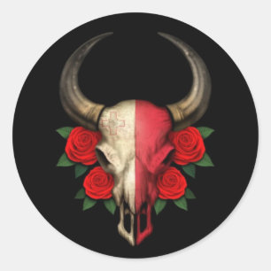 Sticker Rond Crâne maltais de Taureau de drapeau avec les rose